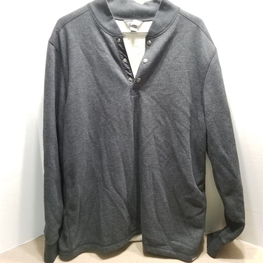 Eddie Bauer Fleece Henley Sweater Black Pull Over Mens Sz L Large Long Sleeve